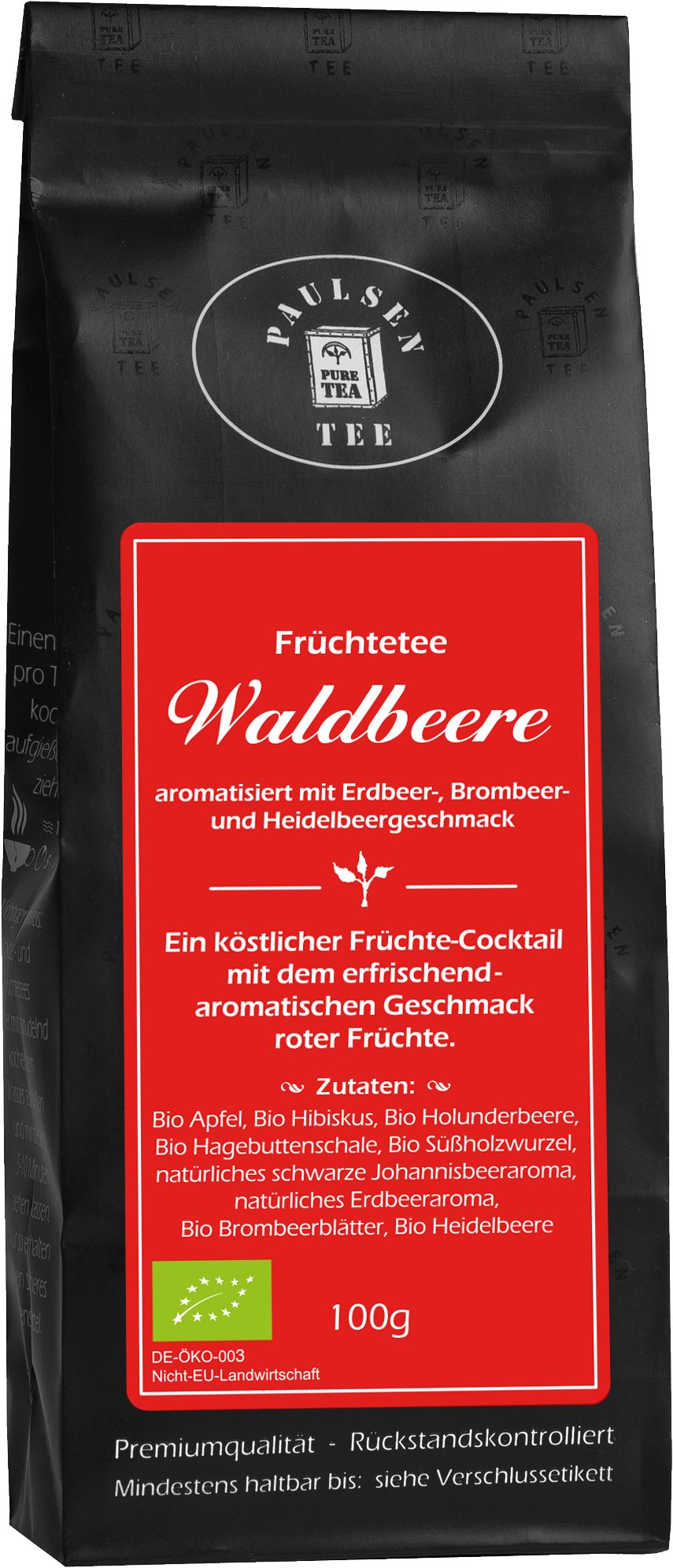 Schwarze Tee-Verpackung mit rotem Etikett. Aufschrift: Paulsen Tee, Früchtetee Waldbeere, 100g. Bio-Zertifizierung.