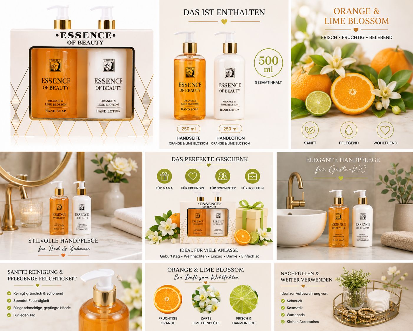 Accentra Essence of Beauty Handpflegeset Orangen- & Limettenblüten-Duft. Produktinformationen und Anwendungsvorschläge.