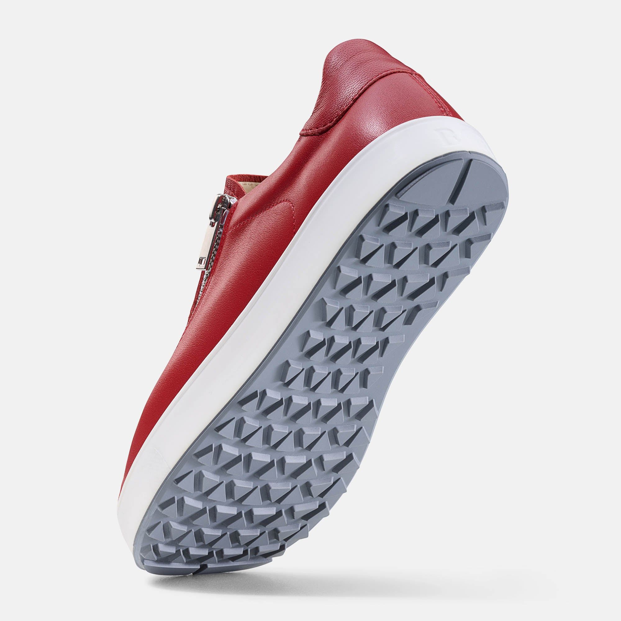 Roter Schuh mit weißer Sohle. Graue Profilsohle. Reißverschluss. Ansicht von unten.