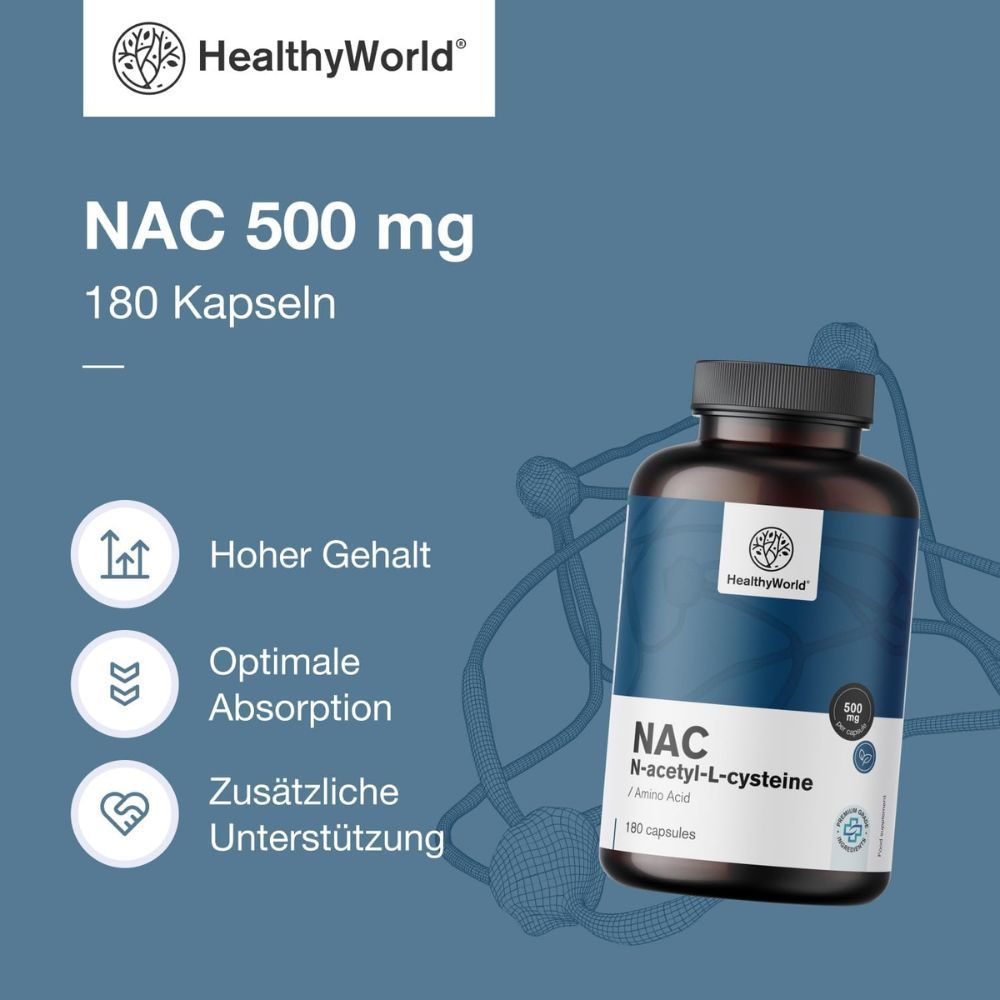 Flasche mit Kapseln. Aufschrift: NAC 500 mg, 180 Kapseln. Marke: HealthyWorld. Text: Hoher Gehalt, optimale Aufnahme, extra Unterstützung.
