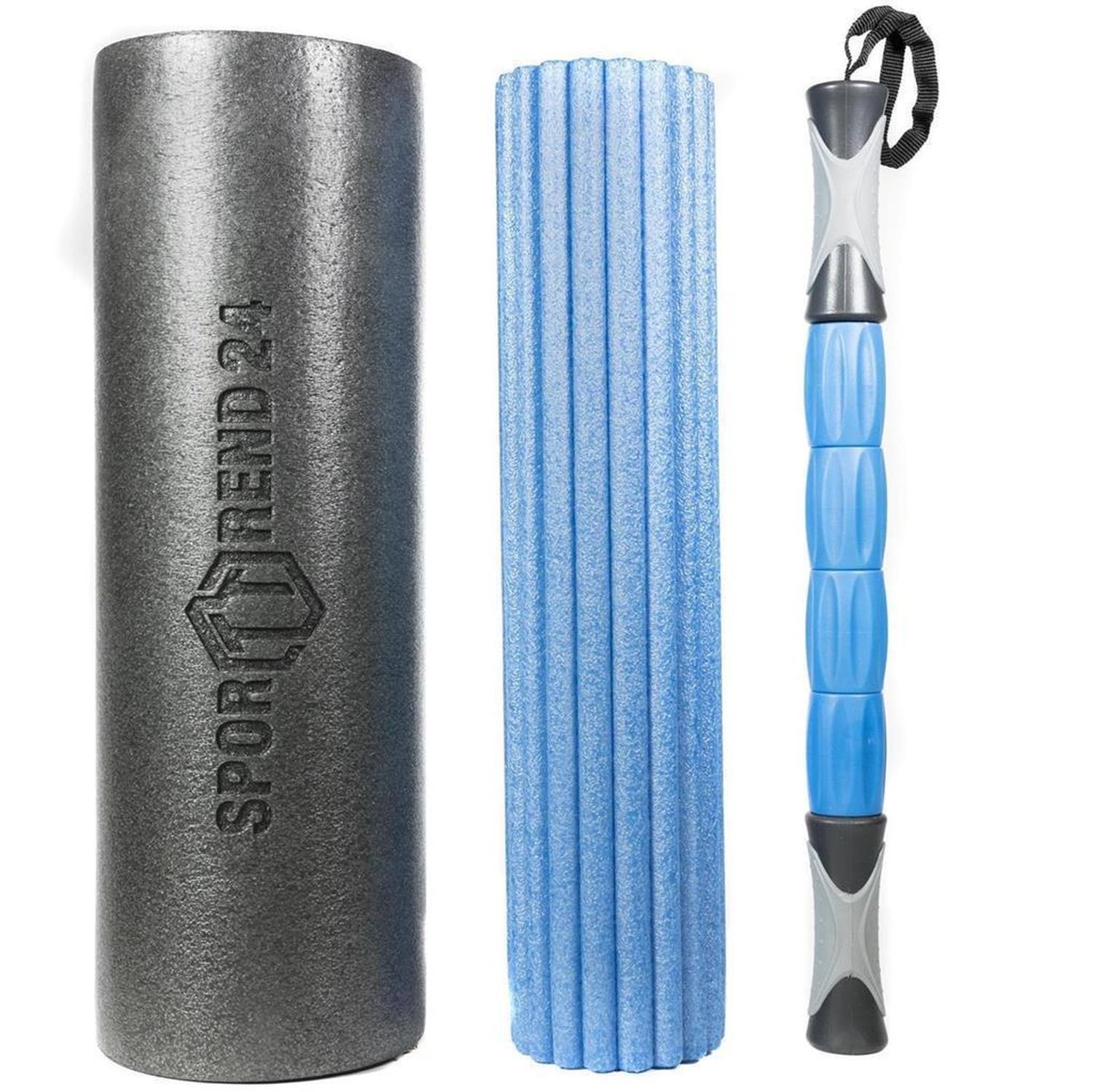 Graue Faszienrolle, blaue geriffelte Rolle und Massage-Stick. Alle mit Logo. Weißer Hintergrund.