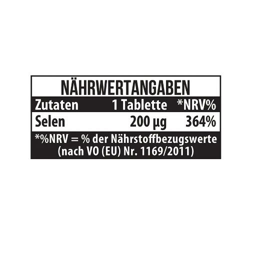 Nährwertangaben für Selen. 200 µg Selen pro Tablette. Prozentuale Nährstoffbezugswerte. Text in deutscher Sprache.