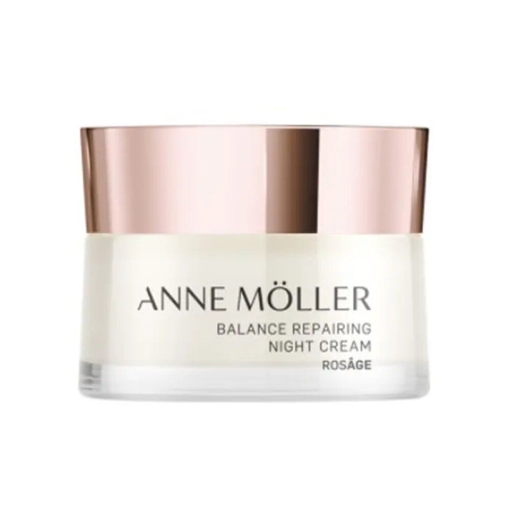 Creme-Glas mit roségoldfarbenem Deckel. Aufschrift: ANNE MÖLLER, BALANCE REPAIRING NIGHT CREAM, ROSÂGE.