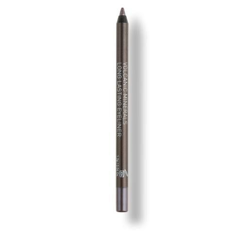 Eyelinerstift in Metallic-Braun. Aufschrift: Volcanic Minerals Long Lasting Eyeliner. Graue Hülse mit silberfarbenem Ende und Spitze.