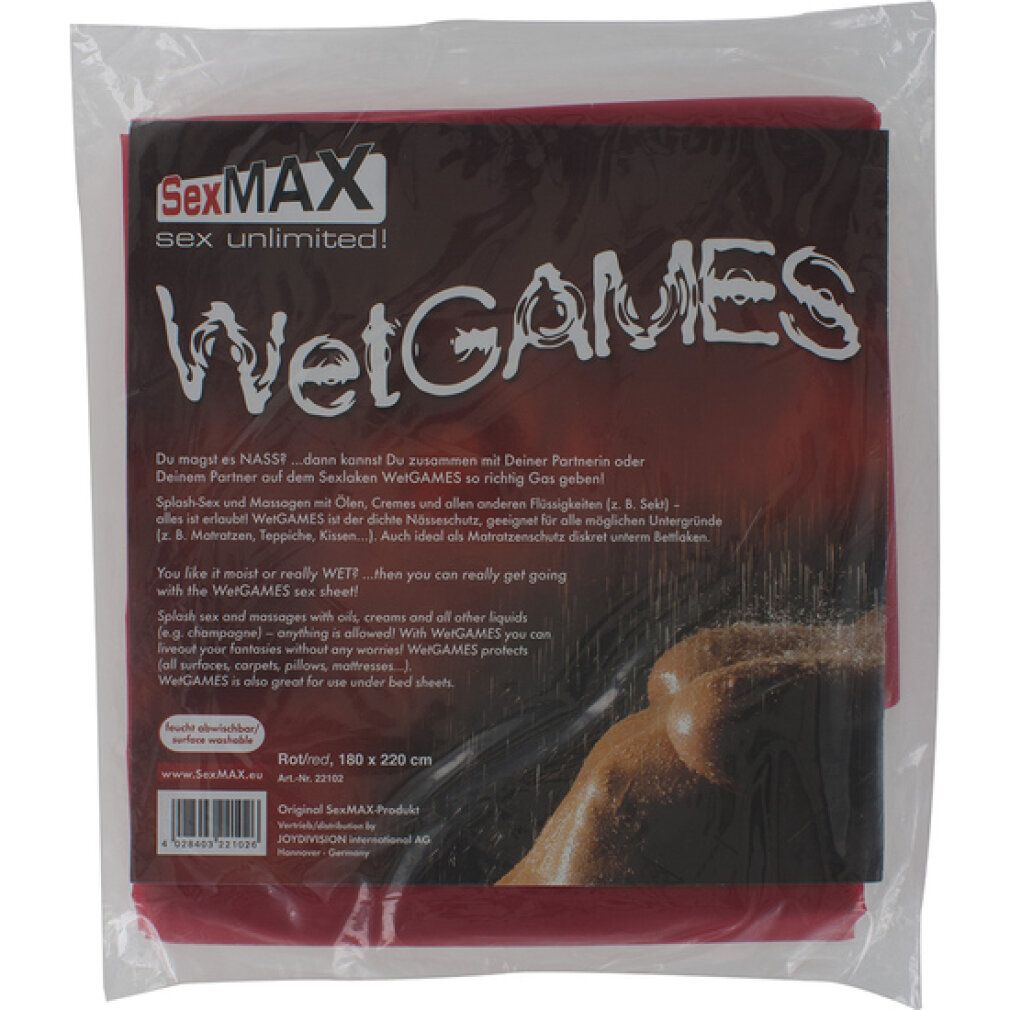 Verpackung mit rotem Sex-Laken. Aufdruck: SexMAX, WetGAMES, Text in Deutsch. Größe: 180 x 220 cm. Abbildung einer Person.