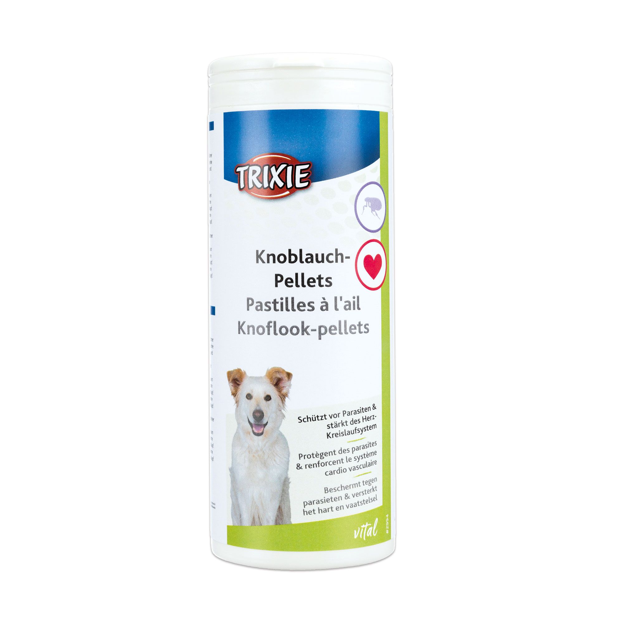 Zylindrische Dose mit Knoblauch-Pellets. Aufschrift: Trixie, Knoblauch-Pellets, Pastilles à l'ail, Knoflook-pellets. Hund abgebildet.