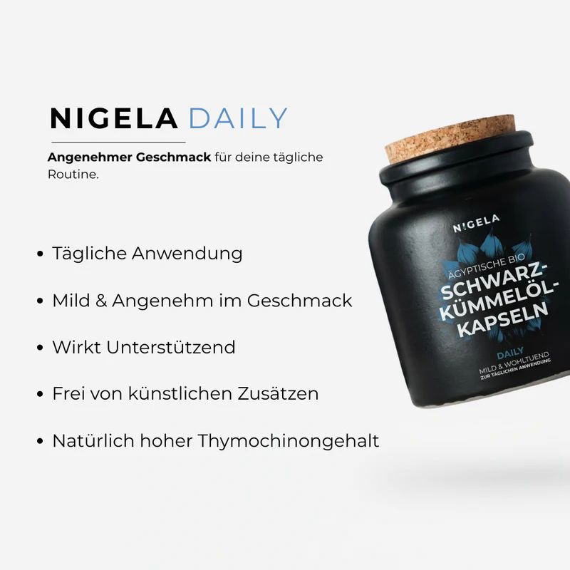 Schwarzkümmelöl Kapseln: Liste mit Vorteilen wie tägliche Anwendung und natürlicher Thymochinongehalt. Daneben die Keramikdose.
