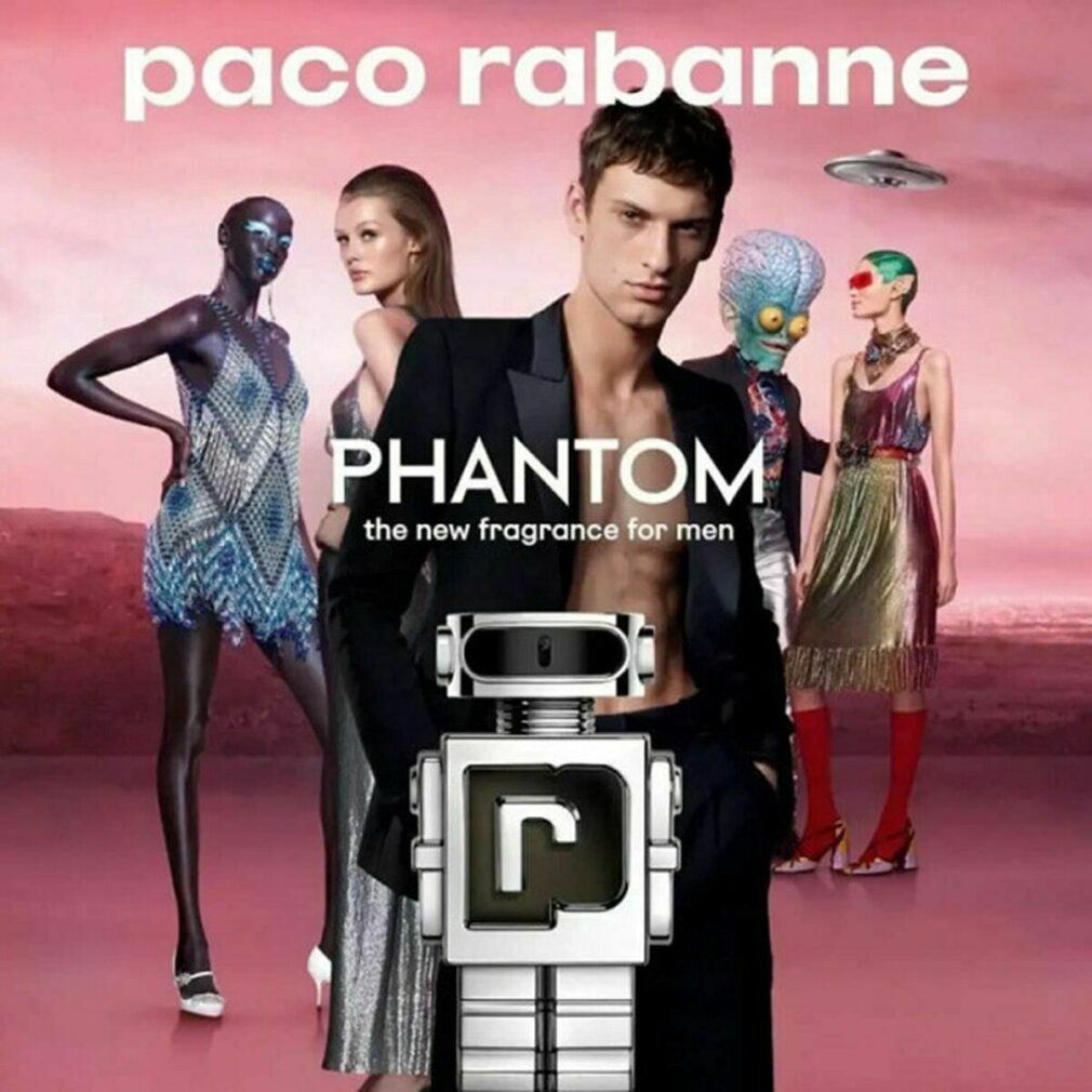 Nachfüllflasche. Klarer Behälter mit schwarzem Verschluss. Aufschrift: PHANTOM PARFUM und paco rabanne.