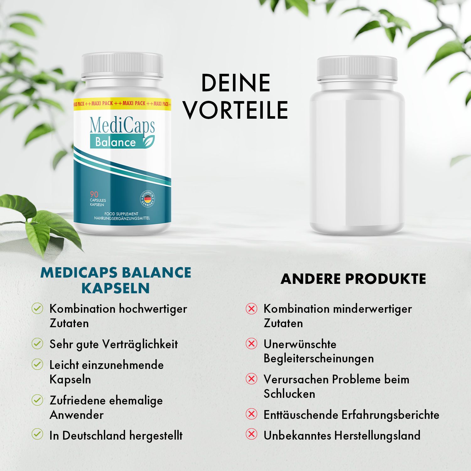 Vergleich von MediCaps Balance Kapseln mit anderen Produkten.