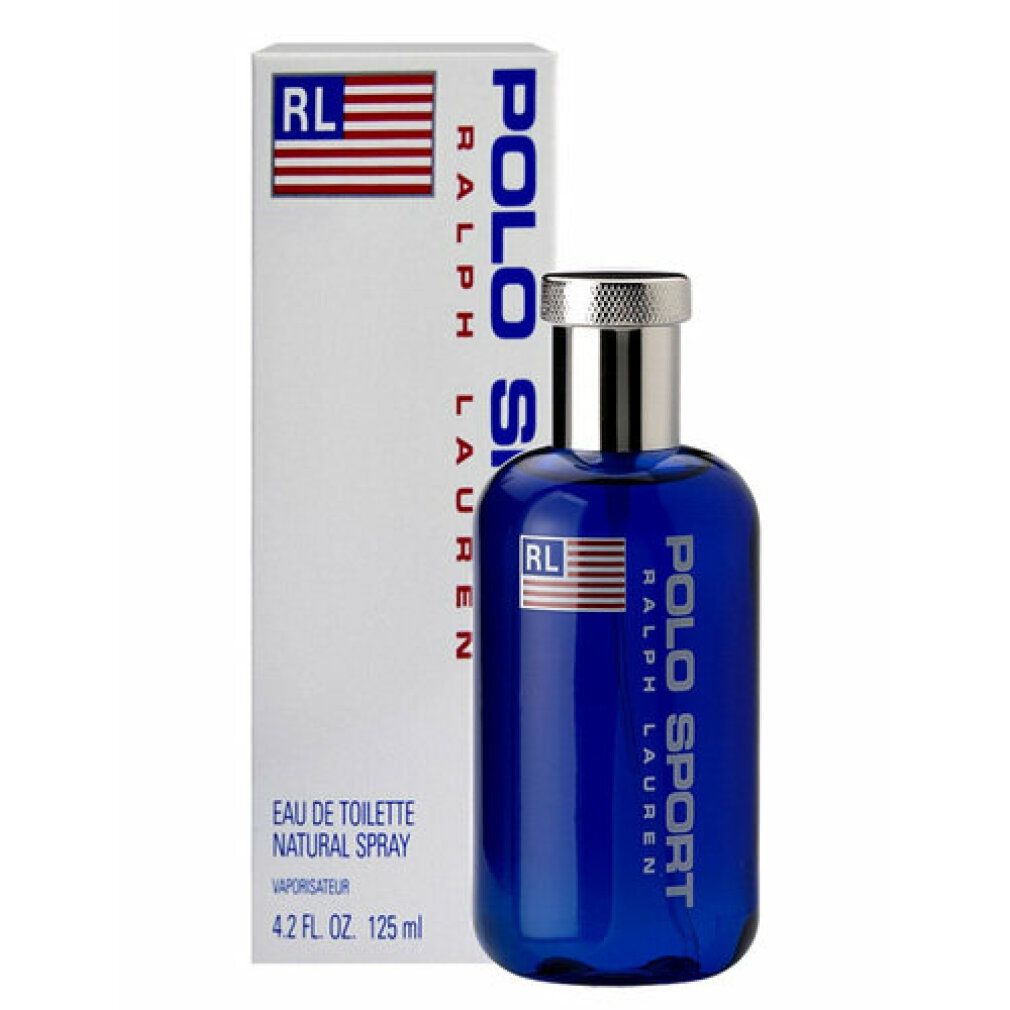 Blaues Parfümflakon und weiße Verpackung. Aufschrift Polo Sport Ralph Lauren. Logo mit US-Flagge. Eau de Toilette.