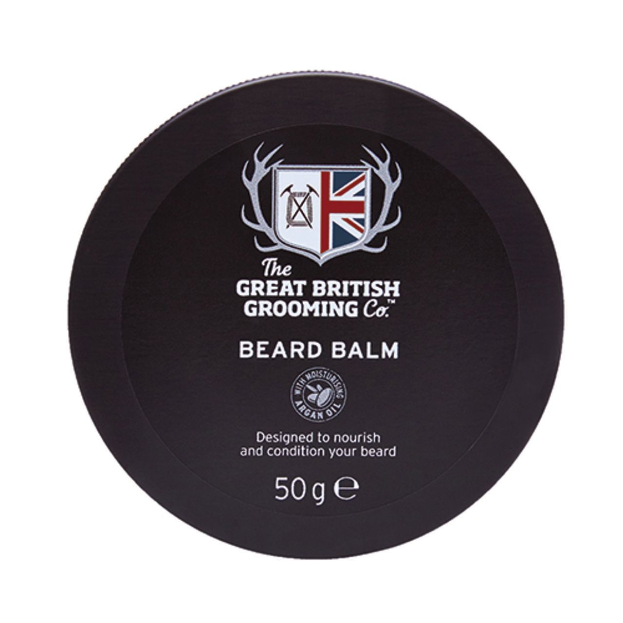 Runde, schwarze Dose mit Deckel. Aufschrift: The Great British Grooming Co., Beard Balm, 50g e. Mit Arganöl.