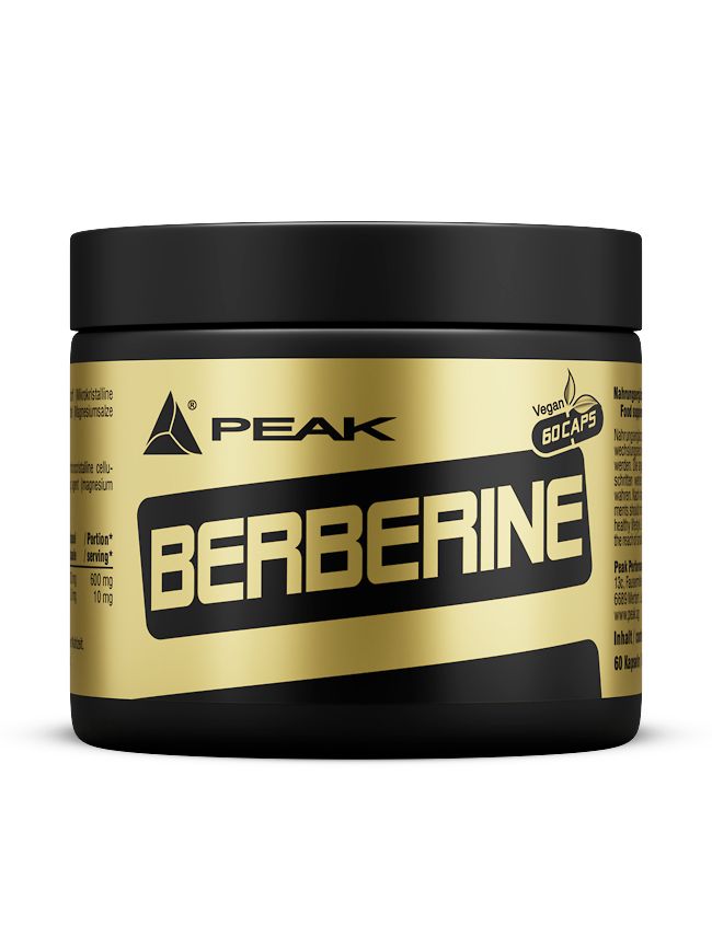 Schwarzes, rundes Produktglas mit goldfarbenem Etikett. Aufschrift: PEAK Berberine, 60 Kapseln, Vegan.