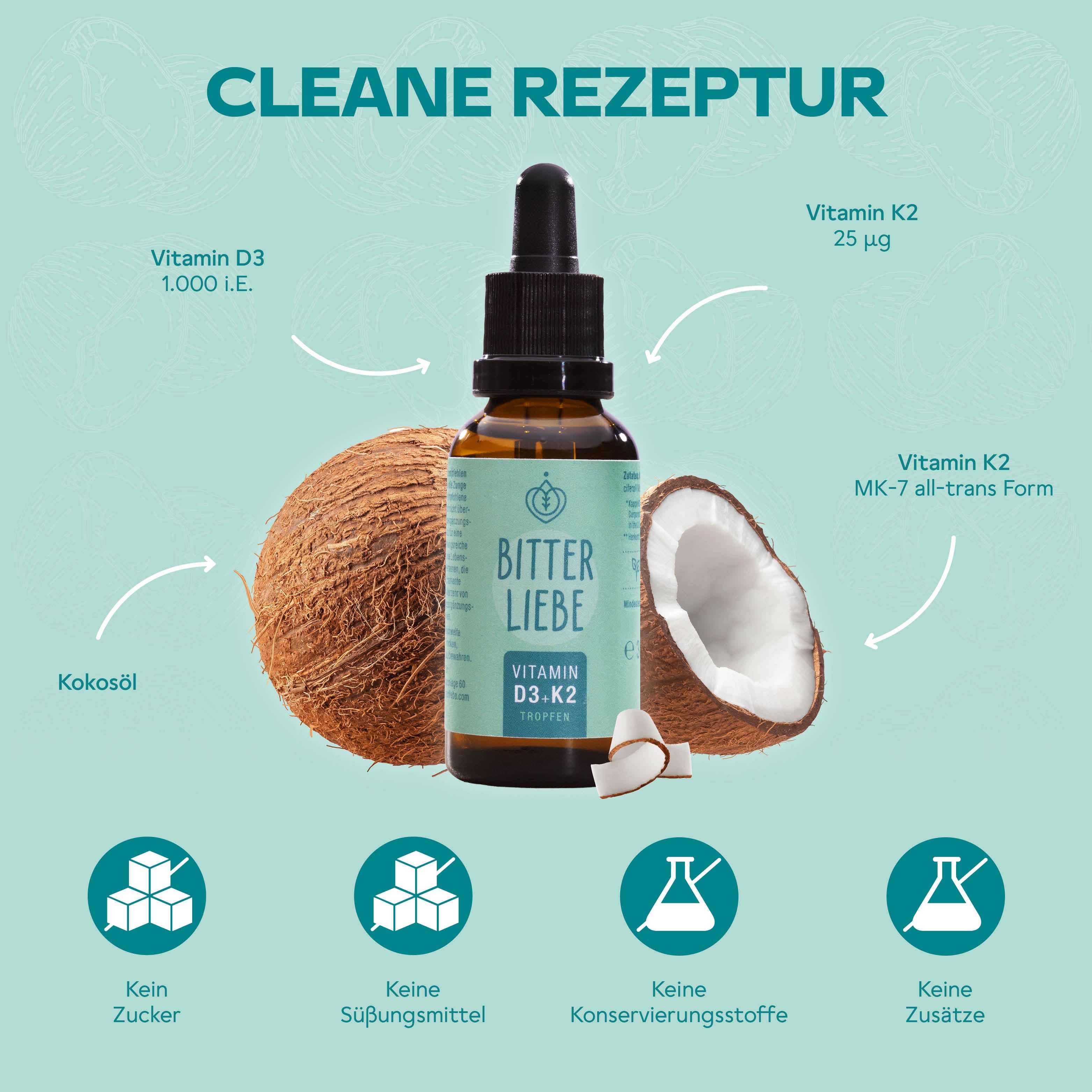 BitterLiebe - Vitamin D3 K2 Tropfen - hochdosiert und vegan - für starke Knochen und Immunsystem
