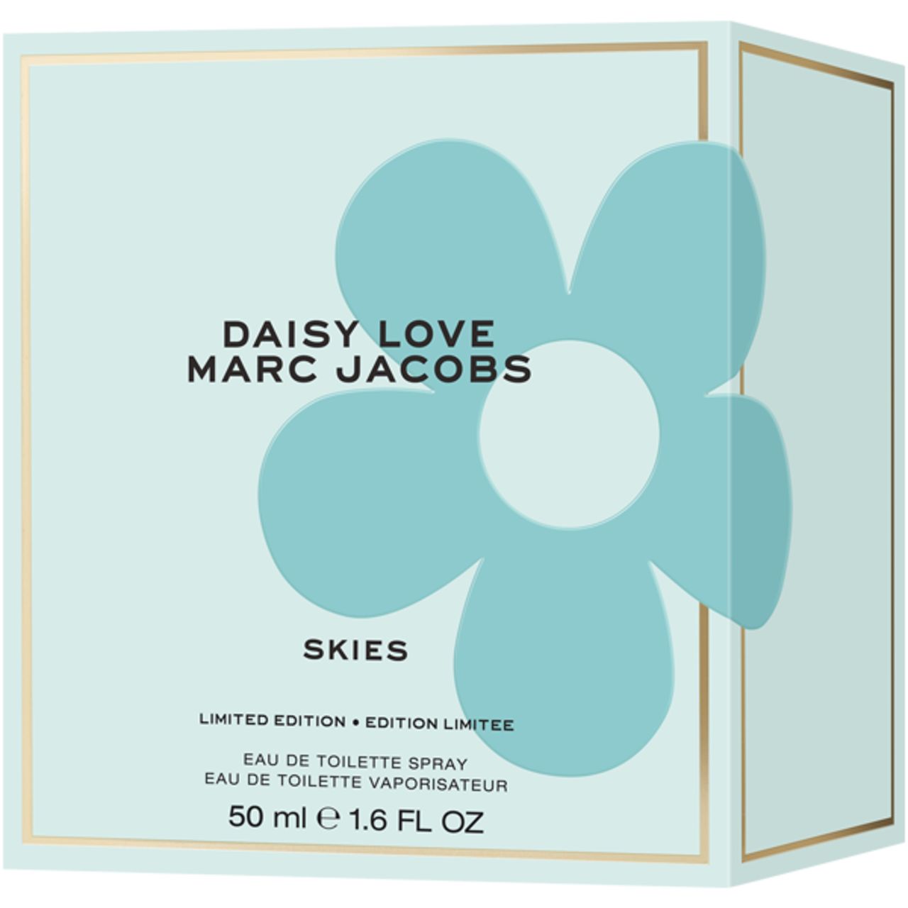 Hellblaue Produktverpackung mit goldfarbenen Akzenten. Aufschrift: Daisy Love Marc Jacobs Skies. Begrenzte Auflage. 50 ml.