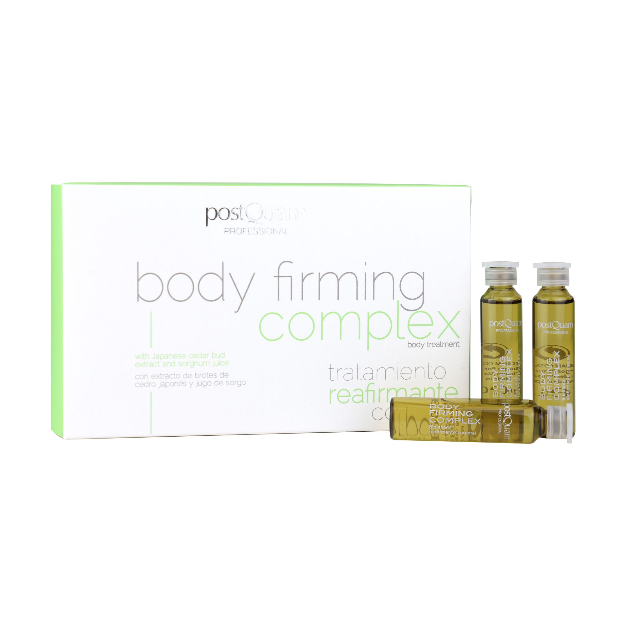 Verpackung mit Ampullen. Aufschrift: Body Firming Complex. Marke: postquam. Drei Ampullen stehen, eine liegt.