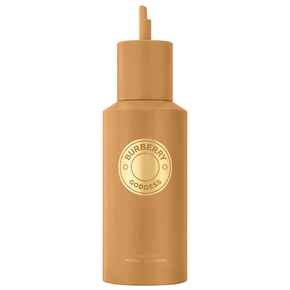 Beige Nachfüllflasche. Goldfarbenes Burberry Goddess Logo. Oberteil mit zwei Düsen. Unterhalb steht "REFILL/RECHARGE".
