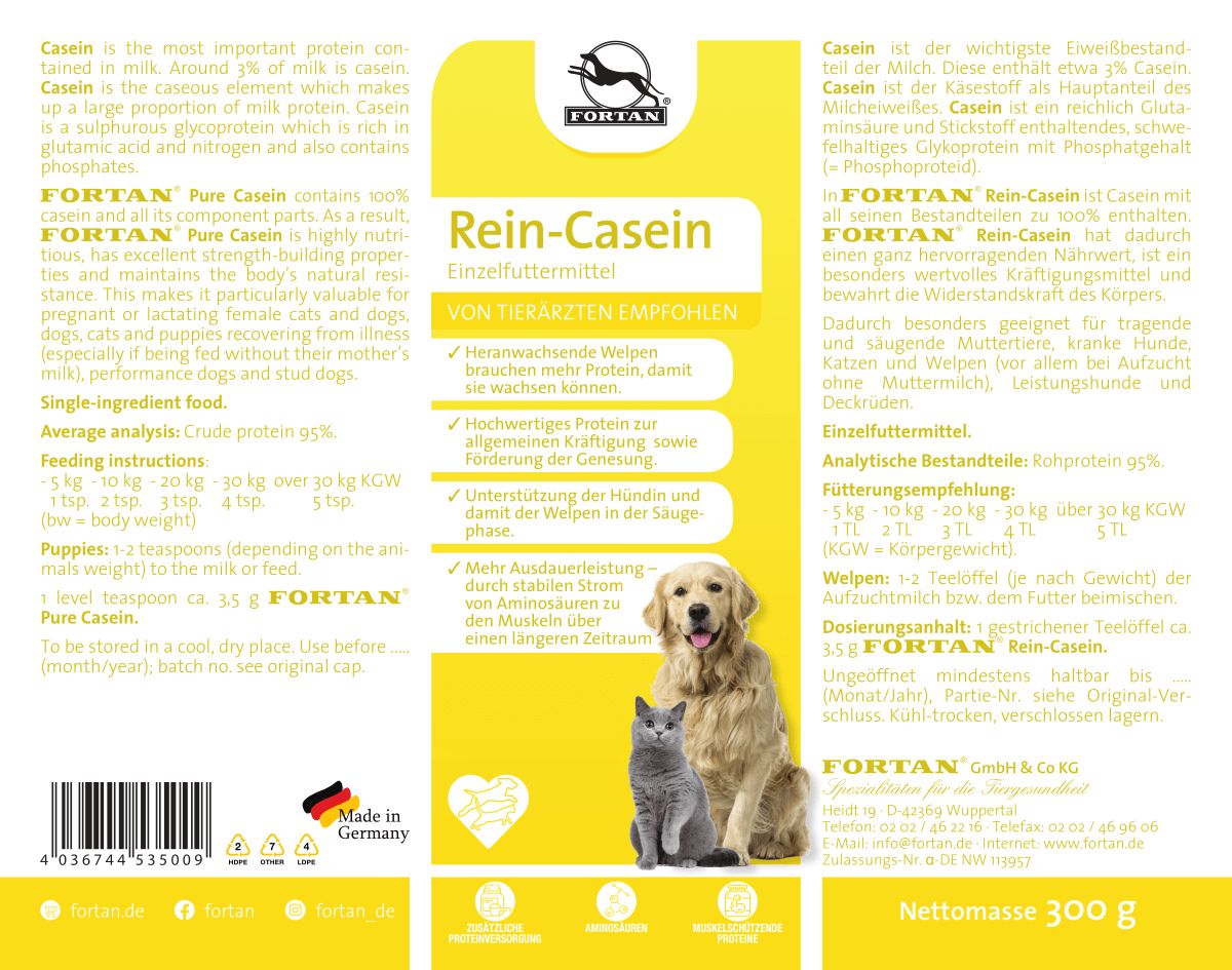 Etikett mit Text und Logo. Aufschrift: FORTAN Rein-Casein. Abbildung von Hund und Katze. Hergestellt in Deutschland.