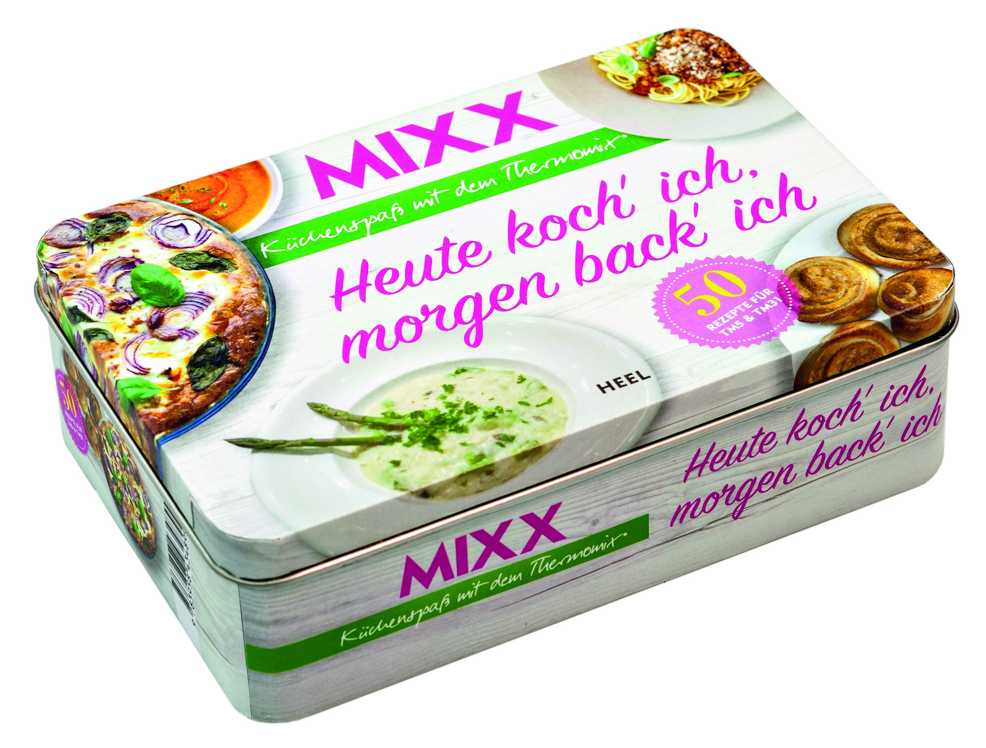 Metallbox mit Aufdruck. Schriftzug: Heute koch' ich, morgen back' ich. Logo: MIXX. Abbildungen von Speisen.