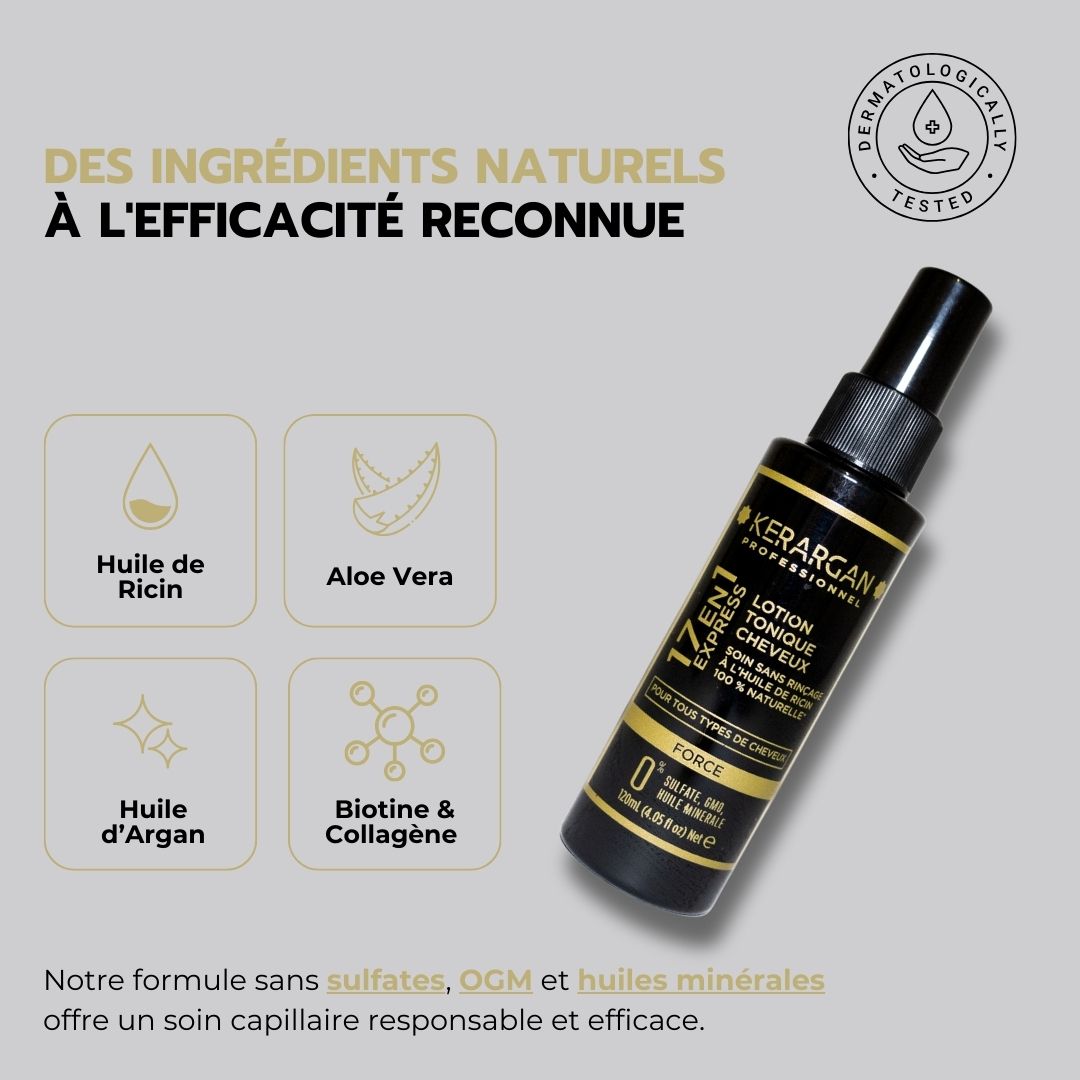 Flacon de produit avec texte. Ingrédients naturels à l'efficacité reconnue. Huile de ricin, Aloe Vera, Huile d'Argan, Biotine & Collagène.