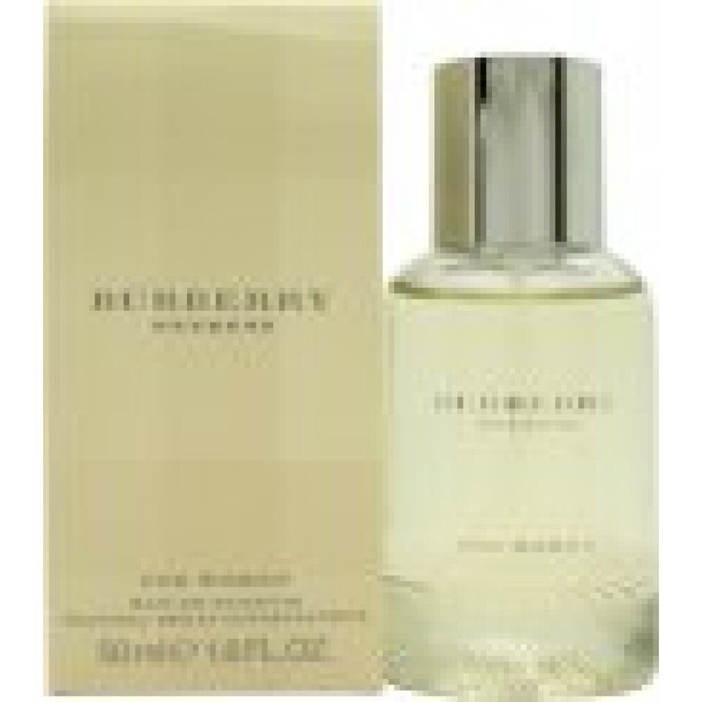 Parfümflasche und Verpackung. Aufschrift: Burberry Weekend, For Women. Beige Flasche mit silbernem Deckel. Beige Verpackung mit Logo.