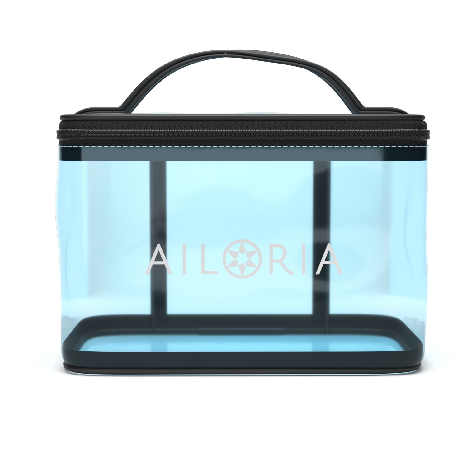 Transparente Kosmetiktasche mit schwarzem Rahmen und Griff. Aufschrift "AILORIA".
