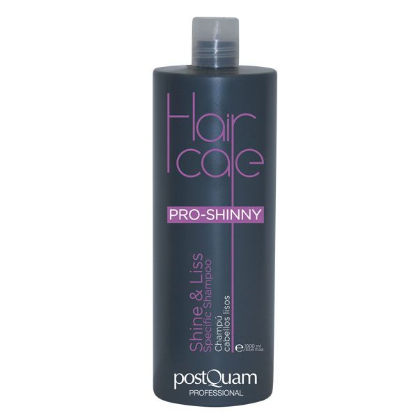 Dunkelgraue Shampoo-Flasche mit lila Schrift. Beschriftung: Hair Care, Pro-Shinny, Shine & Liss Specific Shampoo, postQuam Professional.