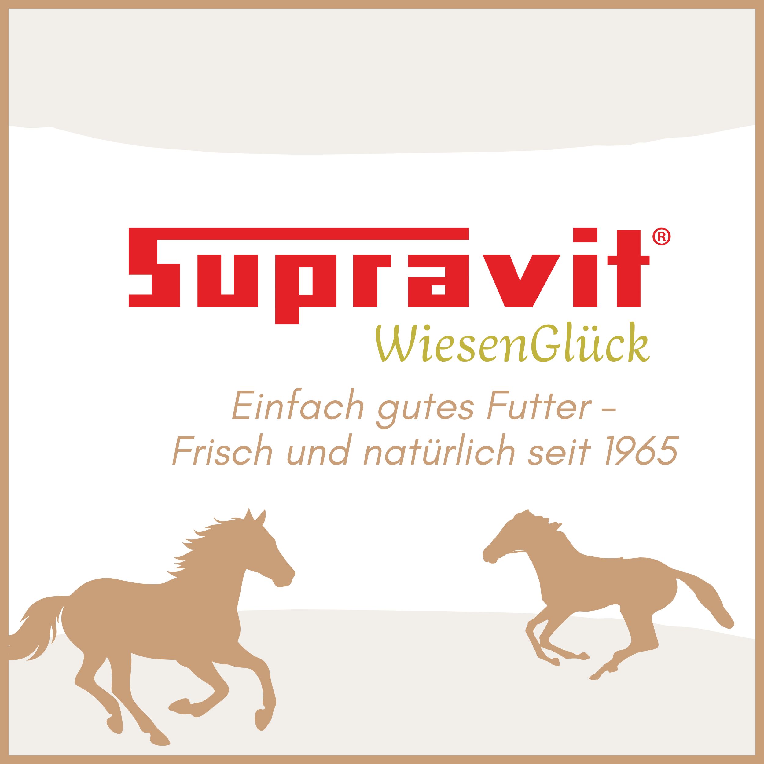 Logo Supravit WiesenGlück. Text: Einfach gutes Futter - Frisch und natürlich seit 1965. Silhouetten von Pferden.