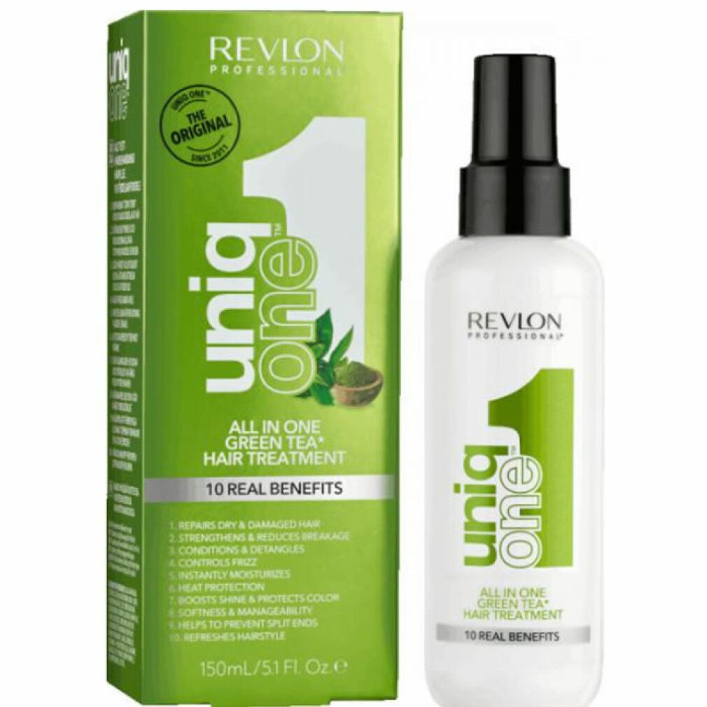 Produkt und Verpackung. Weißes Haarspray mit grüner Verpackung. Aufschrift: Uniq One, Revlon Professional, All in One Green Tea Hair Treatment, 10 Real Benefits.