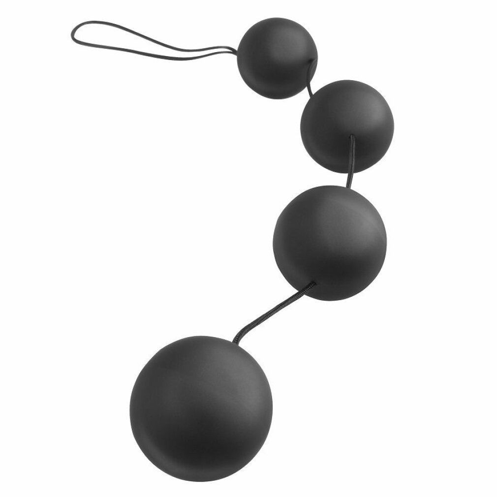 Vier schwarze Kugeln, verbunden durch eine Schnur, mit einer Schlaufe. Produkt für Beckenbodentraining.
