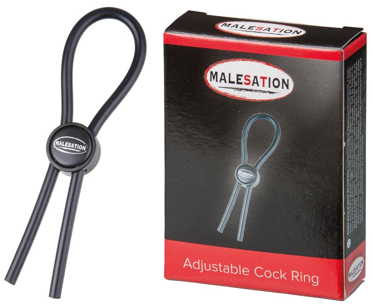 Schwarzer, verstellbarer Cockring. Neben dem Produkt eine Verpackung mit dem Markennamen MALESATION und der Produktbezeichnung.