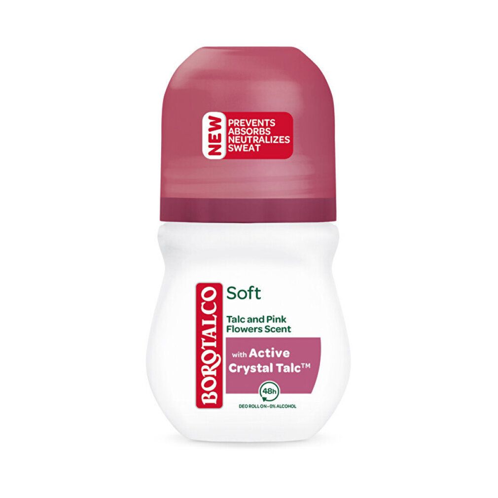 Weißer Roll-on mit rosa Verschluss. Aufschrift: Borotalco, Soft, Active Crystal Talc. Rosa Aufkleber: Prevents, Absorbs, Neutralizes Sweat. Neu.