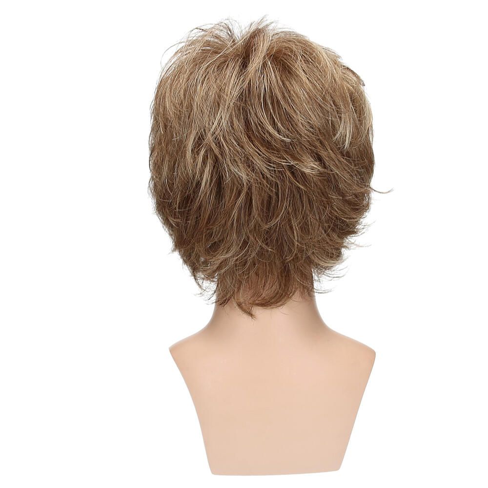 Perücke BRÜGGE auf einem Schaufensterkopf. Kurze, blonde Haare mit Strähnen. Rückansicht.