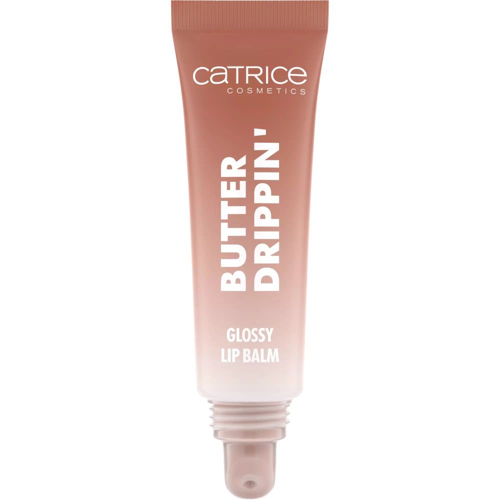 Catrice Butter Drippin' Lip Balm Tube. Farbverlauf von hellbraun nach weiß. Text: Butter Drippin', Glossy Lip Balm.