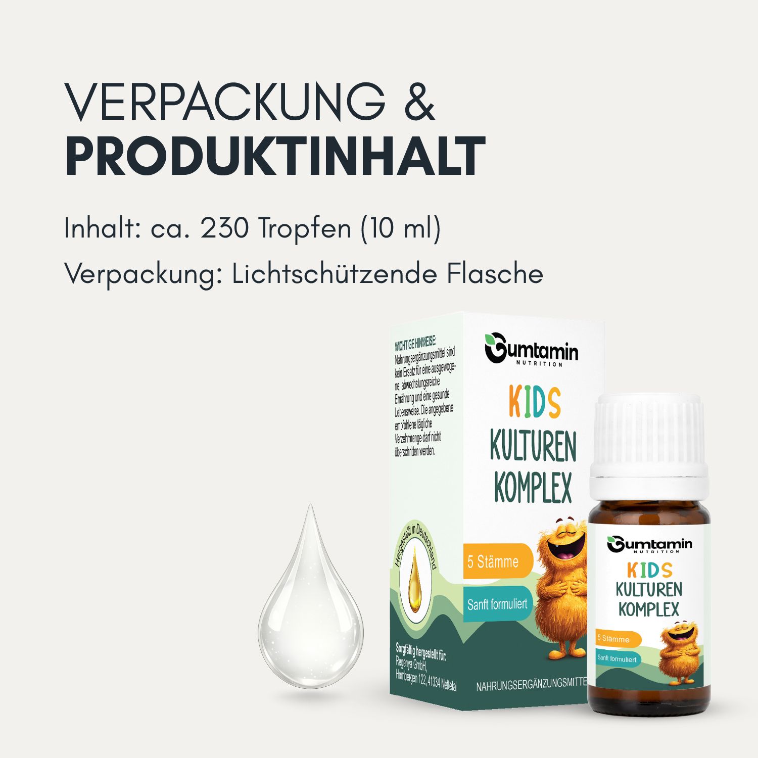 Verpackung & Produktinhalt: 10ml in lichtschützender Flasche, ca. 230 Tropfen.