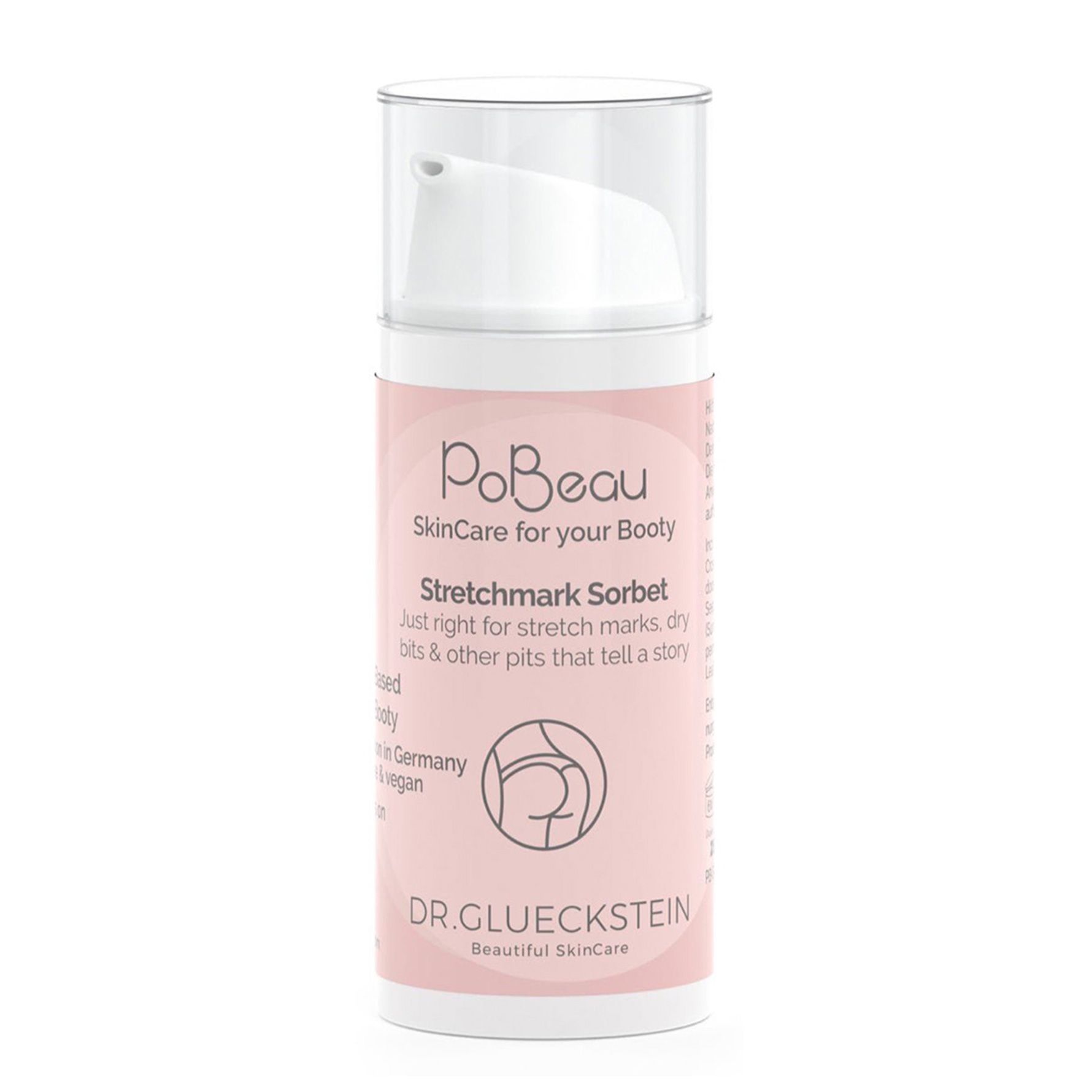 Rosa Flasche mit weißem Pumpkopf. Aufschrift: Pobeau, Stretchmark Sorbet. Logo: Umriss eines Pos.