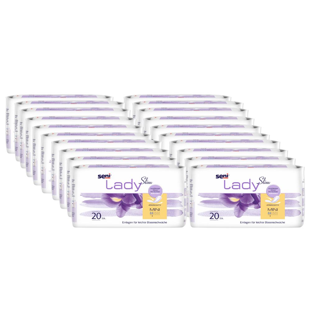 Packungen Seni Lady Slim Mini. Weiße Verpackung mit lila Akzenten und Produktbezeichnung. 20 Stück pro Packung.