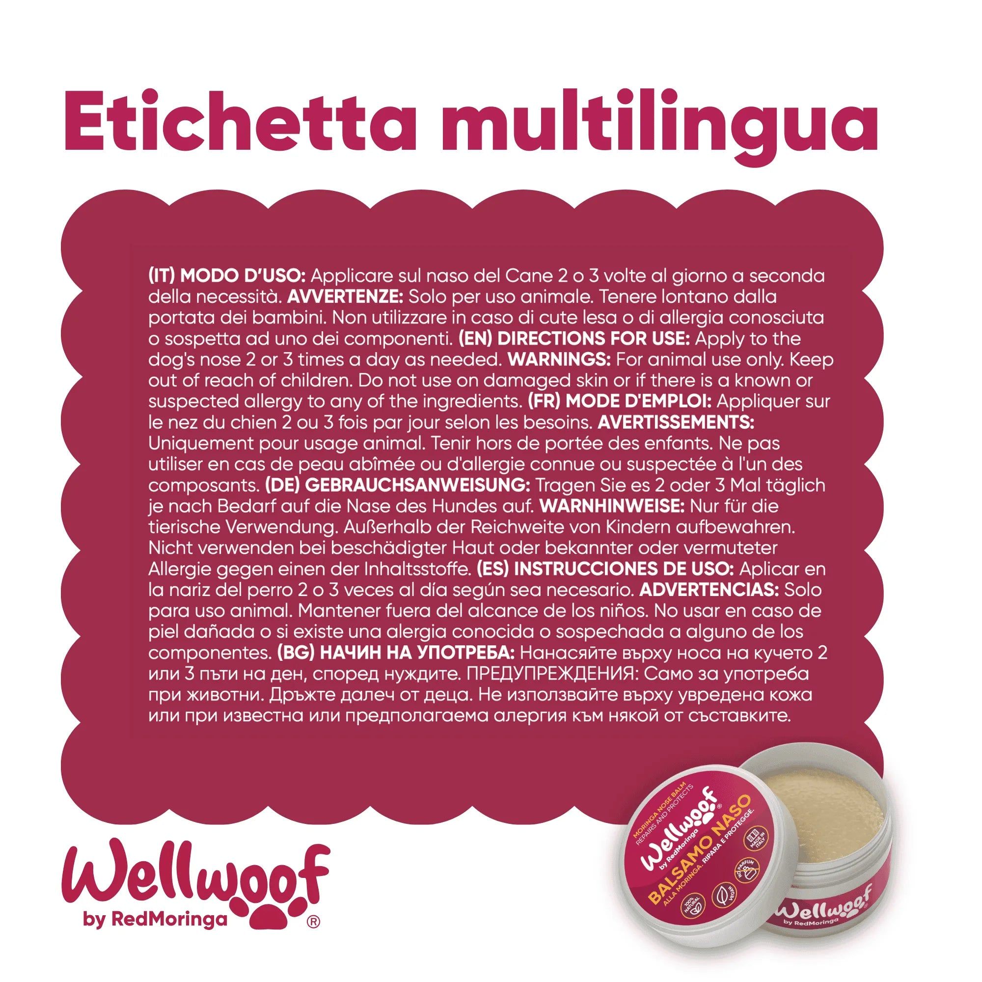 Mehrsprachiges Etikett mit Anweisungen und Warnhinweisen für die Anwendung des Produkts.