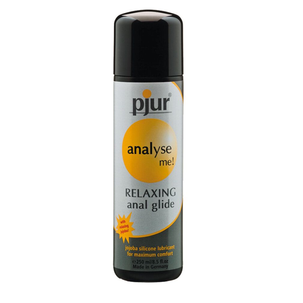 Zylindrische Flasche mit schwarzem Deckel. Aufschrift: Pjur, analyse me!, Relaxing anal glide, mit Jojoba. 250ml.