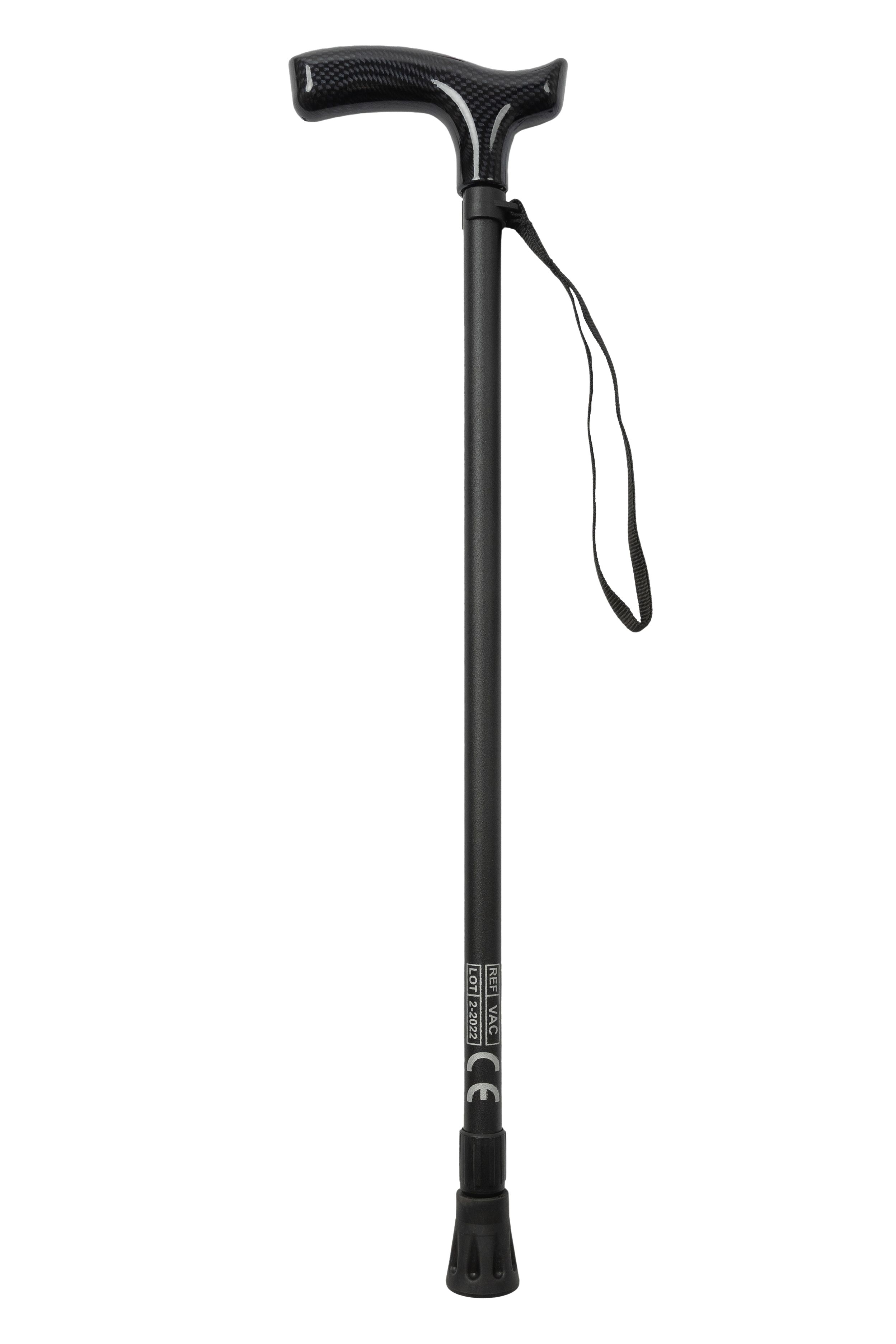 Schwarzer Gehstock mit Carbonoptikgriff. T-Griff, Handschlaufe. CE-Kennzeichnung. Gummifuß.