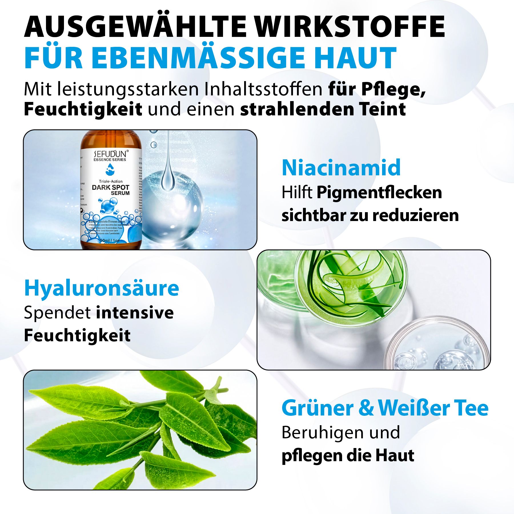 Flasche mit Serum, Pipette und Text über Inhaltsstoffe wie Niacinamid und Hyaluronsäure.