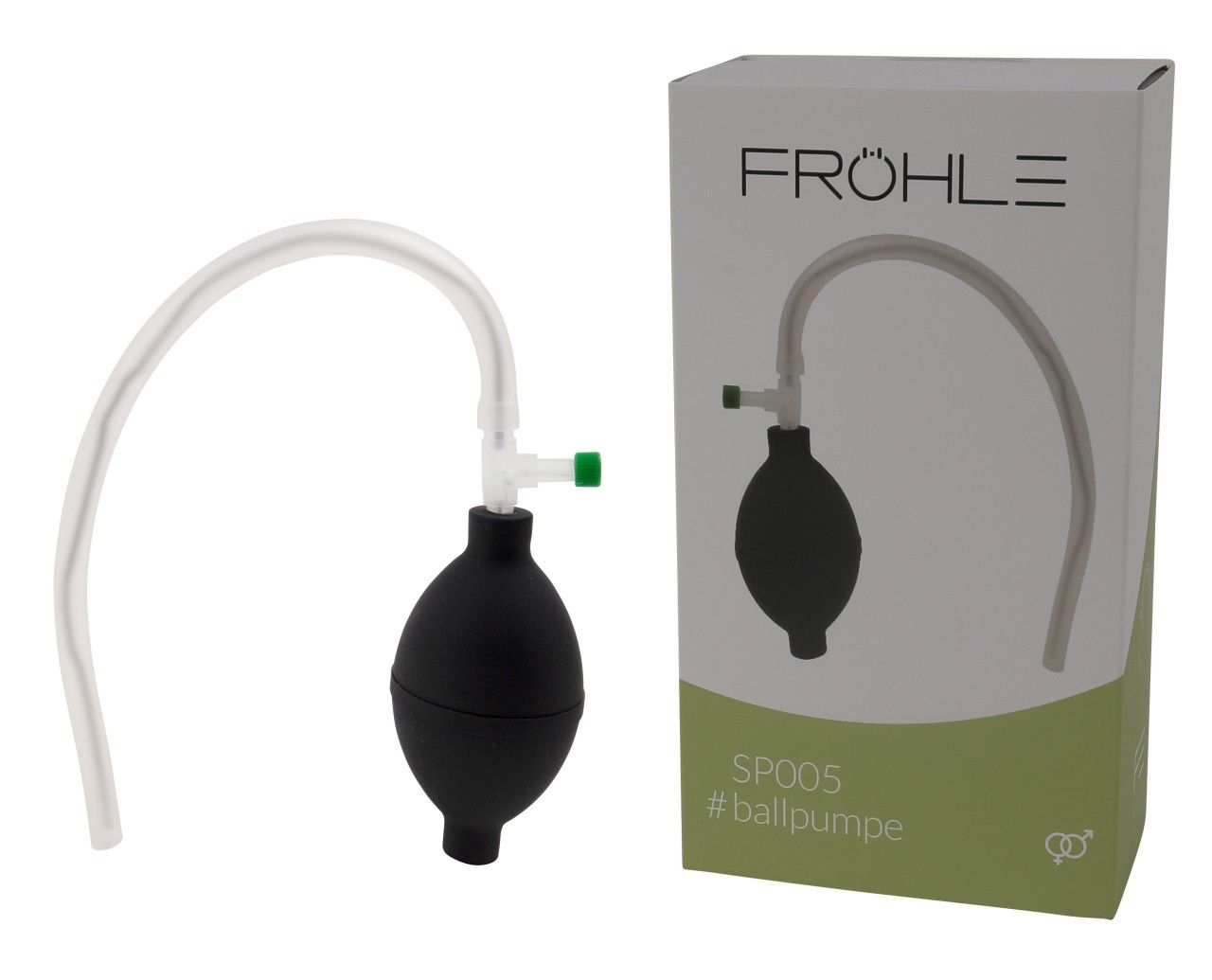 Produkt und Verpackung. Schwarze Ballpumpe mit transparentem Schlauch. Aufschrift: FRÖHLE, SP005 #ballpumpe. Grün-weiße Verpackung.