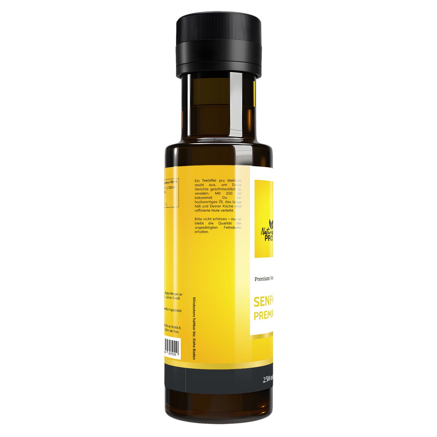 Senföl Premium Flasche, Rückseite. Gelbes Etikett, schwarzer Deckel. Text: Nährwertangaben, Zutaten, Herstellerinformationen, Barcode.