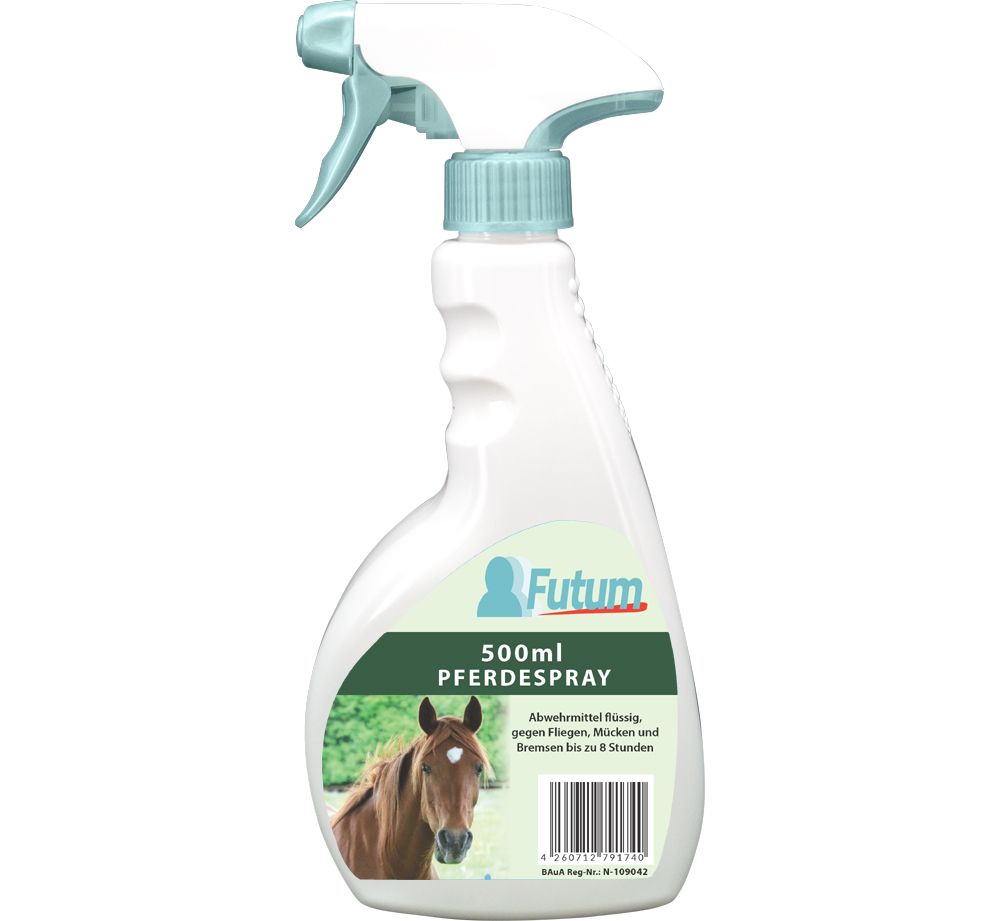 Flasche mit Sprühkopf. Etikett mit Produktname, Pferdeabbildung und Text. Grün-weiße Farbgebung.