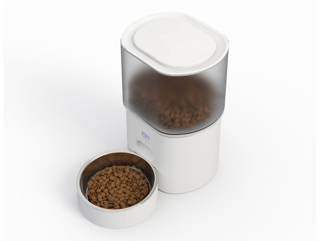Distributore automatico di cibo. Bianco e trasparente. Contenitore con cibo. Ciotola. Logo EASY PET.
