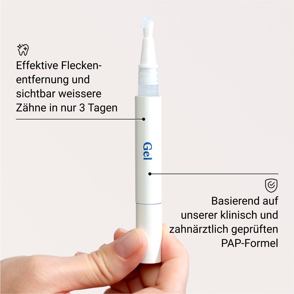 Weißer Gel-Stift mit blauer Schrift und Hand.