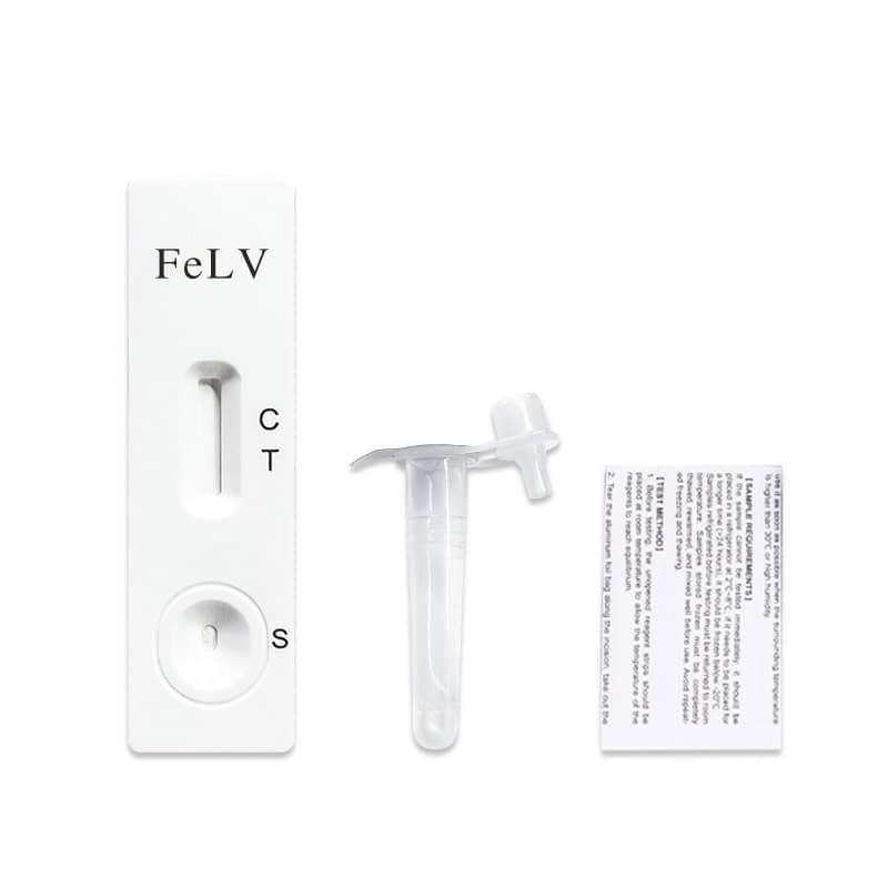 Feline Leukämie Virus Antigen Testkit: Testkassette, Probenröhrchen und Anleitung.