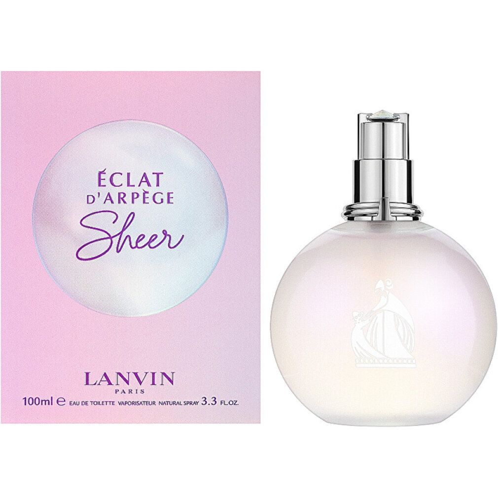 Rosa Schachtel und Flakon. Auf der Schachtel steht "Éclat d'Arpège Sheer" und "Lanvin". Der Flakon ist rund und rosa-weiß schimmernd.
