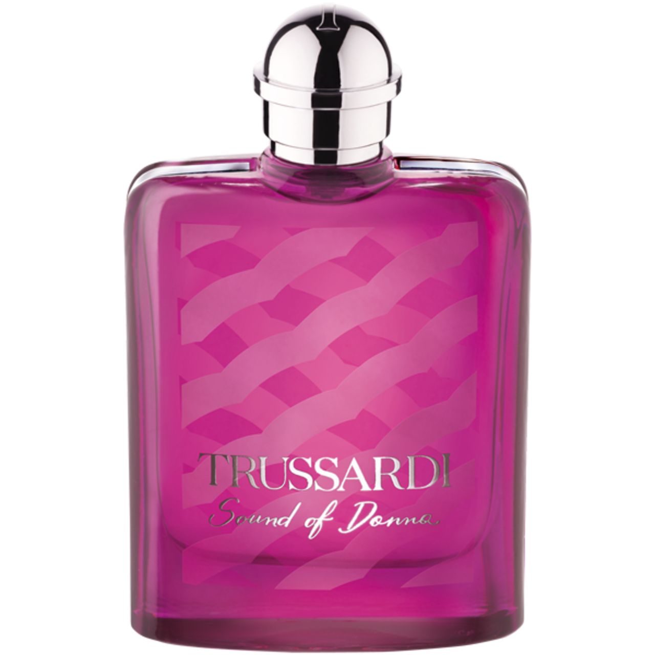 Trussardi Sound of Donna Eau de Parfum Flakon in pink mit silbernem Verschluss und Wellenmuster.