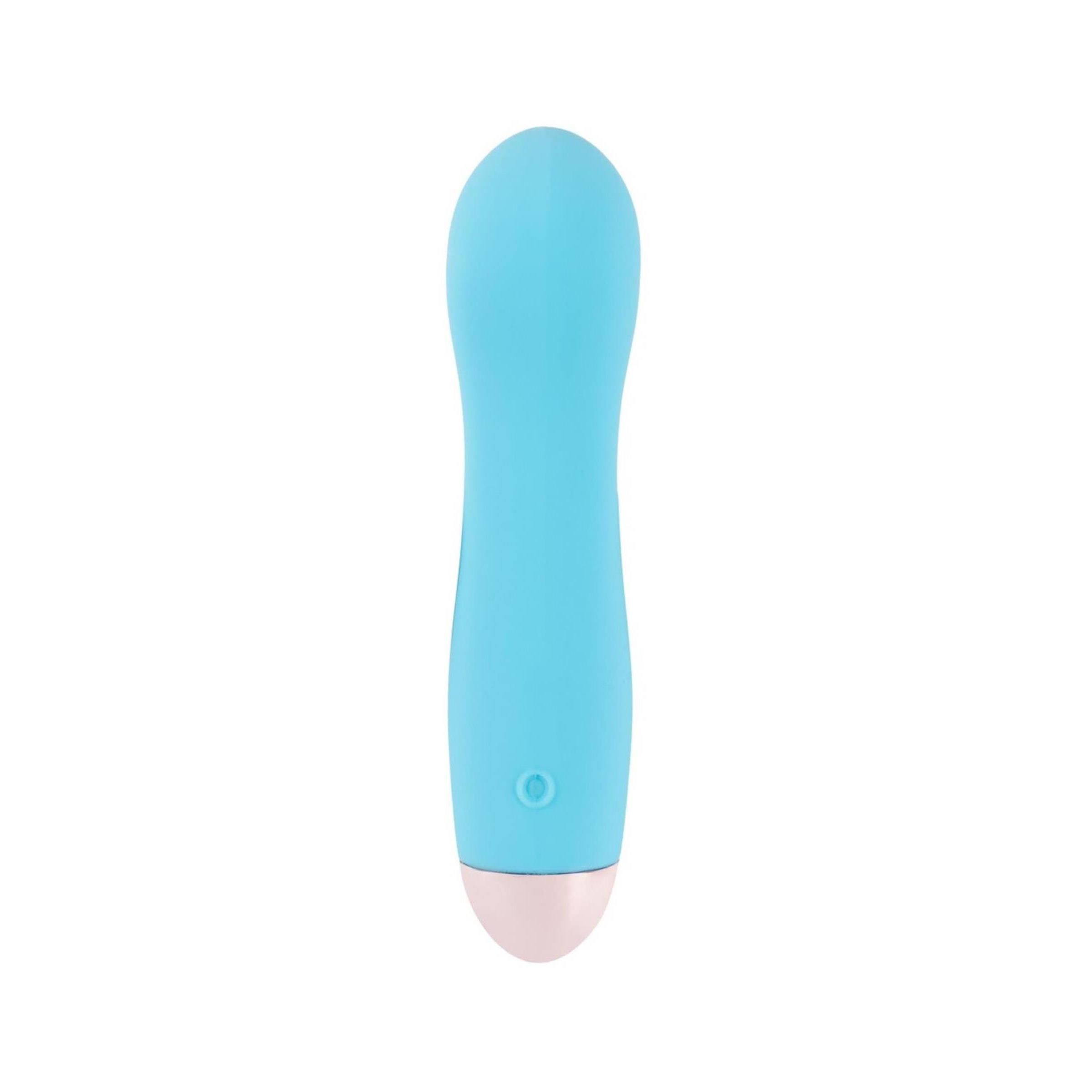 Türkisfarbener Vibrator mit rosa Spitze. Mit Ein-/Ausschalter.
