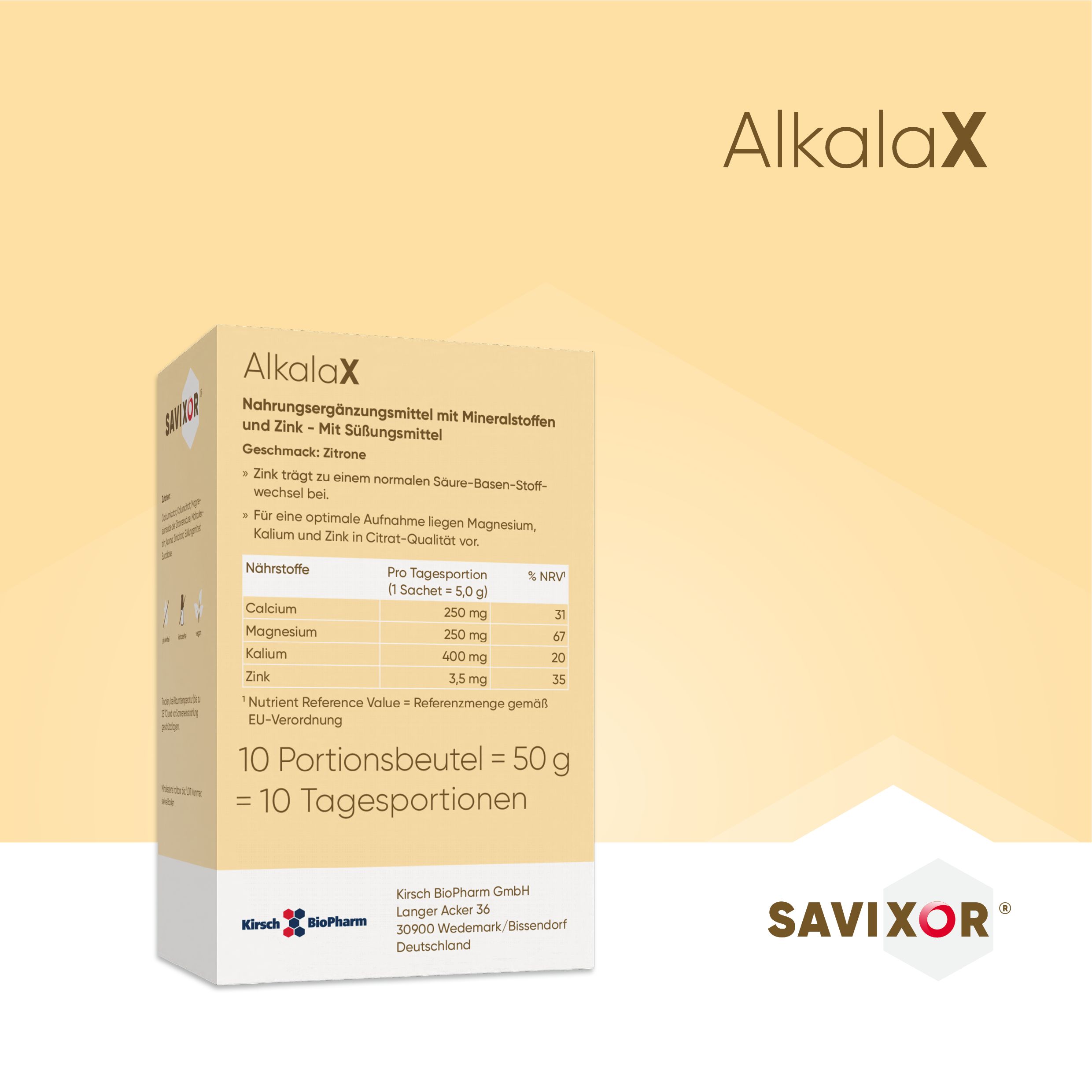 Beige Karton mit Produktinformationen. Enthält Mineralstoffe und Zink. Marke: Savixor. Text: AlkalaX, 10 Portionsbeutel.